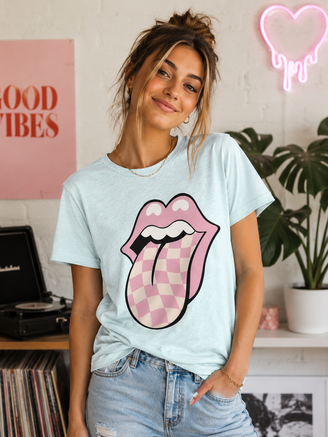 Vintage Vibes Pink Checkered Graphic Tee